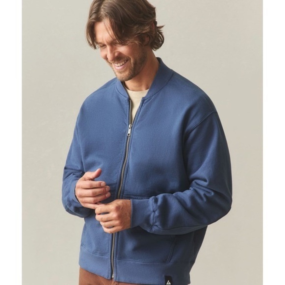 New American Giant Mens Full‎ Zip Fleece Bomber Jacket Blue Large Made in USA
